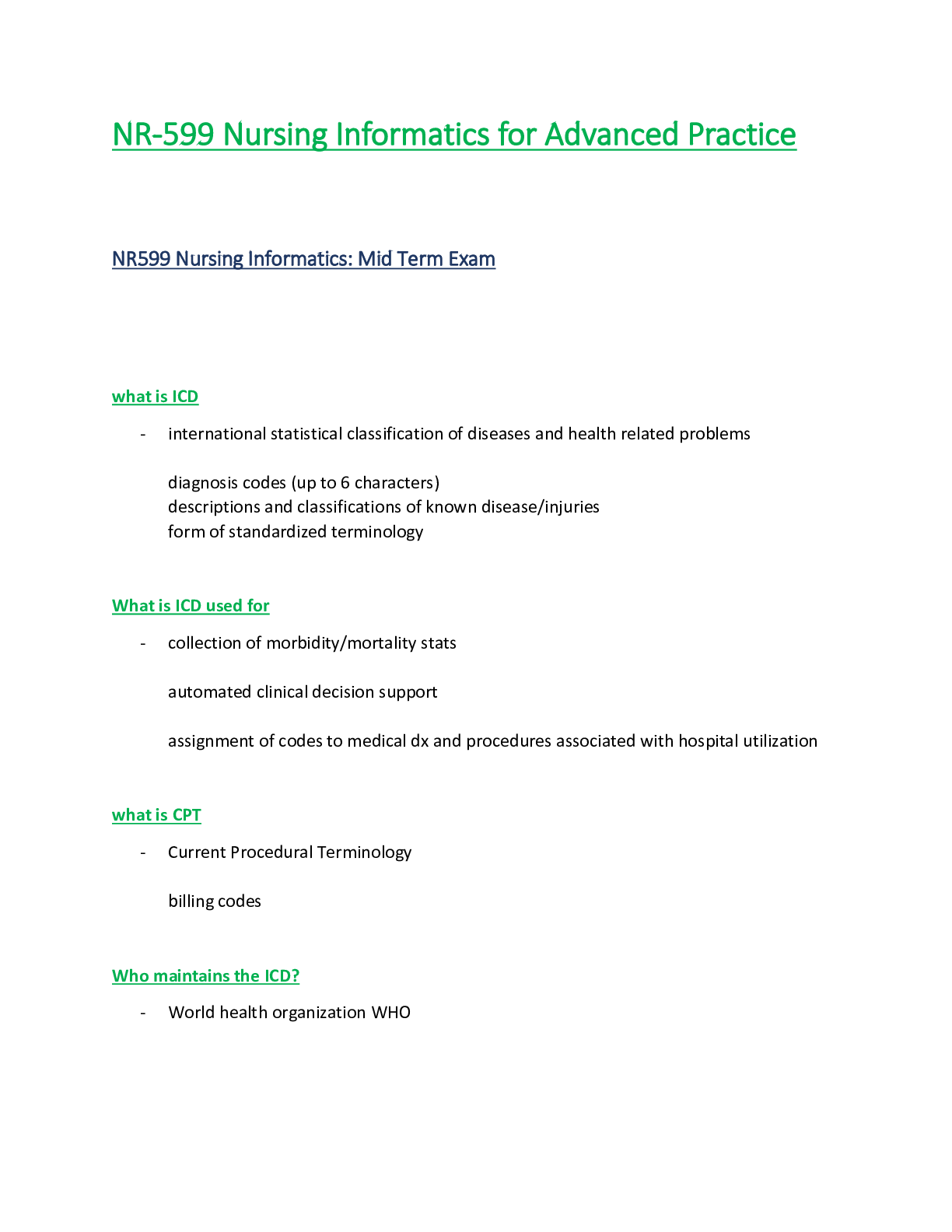 Preview of NR 599 / NR599 Midterm Exam (Latest Update) Nursing Informatics for Advanced Practice - Ch